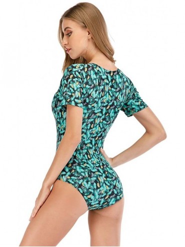 Rash Guards Womens Rashguard Swimsuit Zip Front Print Short Sleeve One Piece Swimwear - 5 Green - CZ190EO4ON0 $21.77