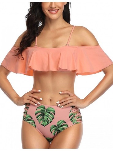 Sets Women Two Piece Swimsuit Ruffle Swimwear Off Shoulder Bikini Set - Orange - CO194ML50LU $19.74