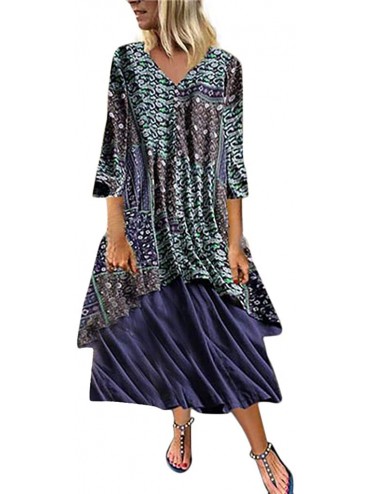 Rash Guards Women Plus Size Bohemian O-Neck Floral Print Vintage Sleeveless Long Maxi Dress - A-blue - C918W5S89W5 $42.88