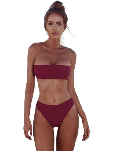 Sets 2019 Women Bandeau Bandage Bikini Set Push-Up Brazilian Swimwear Beachwear Swimsuit - Winered - CI18M9E2QE8 $16.61