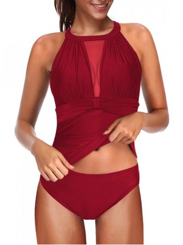 Sets Women Two Pieces Tankini Set High Neck Swimsuit (4 Color-S-XXL) - Red - CJ193NH5ORD $20.80