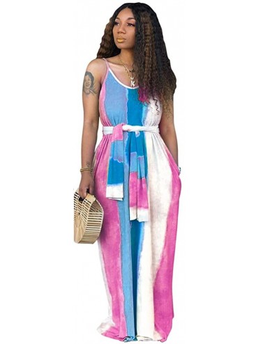 Cover-Ups Women's Tie Dye Loose Stripes Sundress Baggy Sexy Spaghetti Straps Boho Maxi Dress with Pockets Belt - B-pink - C21...
