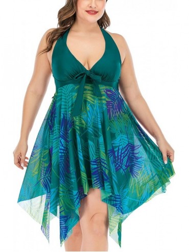 Tankinis Women's Two Piece Swimsuit Plus Size Swimdress Bathing Suit Mesh Printed Tankini - Olive Green - CZ194Z3RQNU $48.12