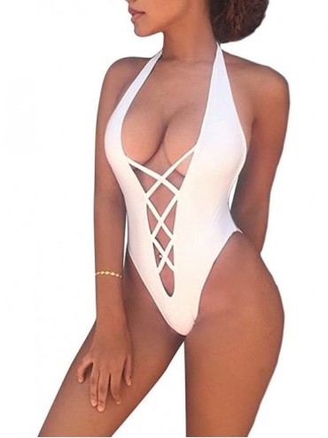 One-Pieces Women's Summer Sexy Lace Up Halter Monokini One Piece Swimsuit - White - CI18DN24LCR $46.06