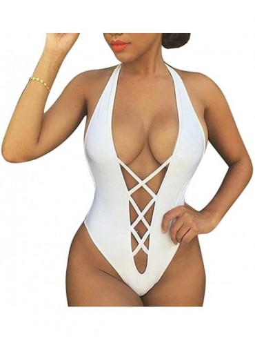 One-Pieces Women's Summer Sexy Lace Up Halter Monokini One Piece Swimsuit - White - CI18DN24LCR $30.30