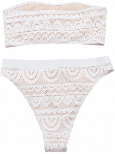 Sets Women's Two Piece Stripe Strapless High Cut Bandeau Bikini Set Swimsuit 2 Piece - White 10 - CB194KGRML4 $33.47