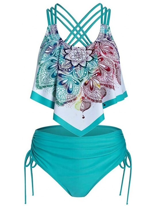 Bottoms Two Piece Swimsuits for Women Overlay Print Flowy Tankini Crisscross Tankini Swimwear Plus Size Bathing Suits Green -...