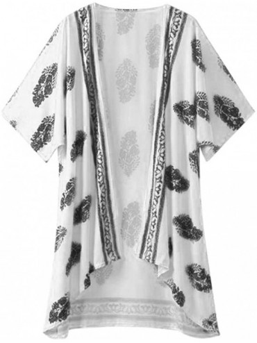 Cover-Ups Ladies Fashion Boho Printed Beach Sunscreen Shirt Loose Casual Swimsuit Cover Up Kimono Cardigan Tops - White - CC1...