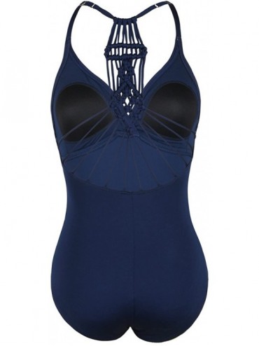 One-Pieces Women's Shirred Halter One Piece Swimsuits Macrame Back Swimwear Tummy Control Bathing Suit - Navy - CD18I4L0U9C $...
