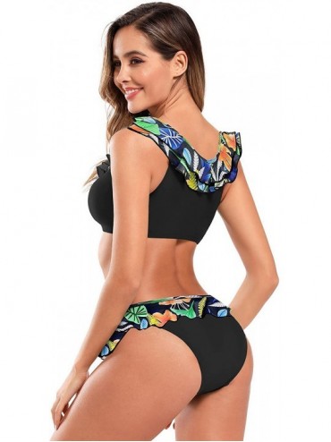 Sets Women's Sport Low Scoop Crop Top High Waisted Bottom Two Piece Swimsuits - Black - B - CW18R3NC283 $21.39