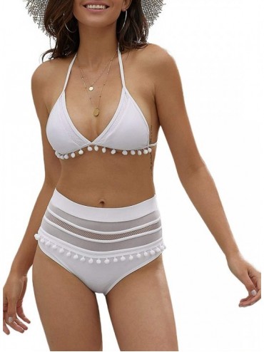 Sets Women's High Waist Two Pieces Bikini Set Padded Stripe Tassel Swimsuit - C-white - CV18MCQWY53 $19.34