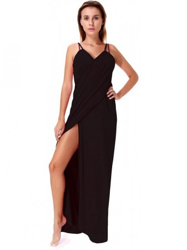 Cover-Ups Women Plus Size Spaghetti Strap Cover Up Beach Backless Wrap Long Dress - Black - CT18D4SNSYS $32.79