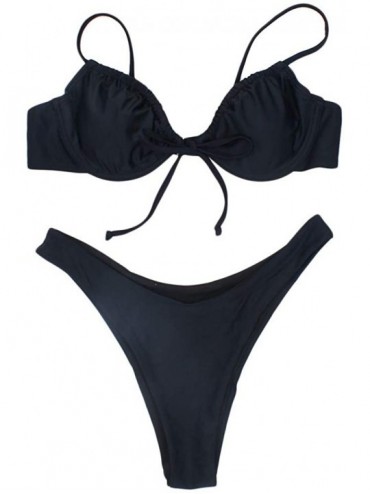 Sets Women's Two Piece Bikini Set Halter Top with Tie Side Bottom Thong Bathing Suits - Black - CI193TMM237 $20.11