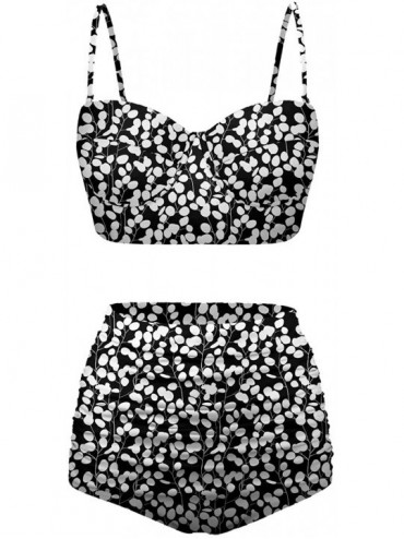Racing Women's Retro Summer Bright Floral Print Funny Swimsuits High Waisted Bikini Set - Black+white-1 - CQ196ST77WU $34.67