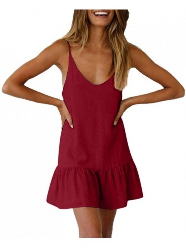 Racing Fashion Camis Dresses for Women O-Neck Plain Ruffled Skating Strap Dress Sundress - Wine Red - CL18RW3HYGE $28.42