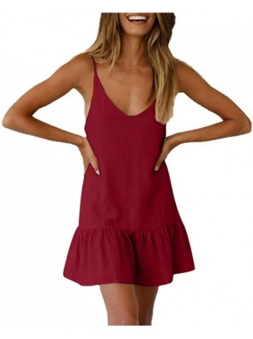 Racing Fashion Camis Dresses for Women O-Neck Plain Ruffled Skating Strap Dress Sundress - Wine Red - CL18RW3HYGE $28.42