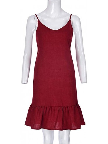 Racing Fashion Camis Dresses for Women O-Neck Plain Ruffled Skating Strap Dress Sundress - Wine Red - CL18RW3HYGE $16.90