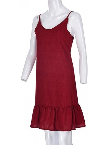 Racing Fashion Camis Dresses for Women O-Neck Plain Ruffled Skating Strap Dress Sundress - Wine Red - CL18RW3HYGE $16.90