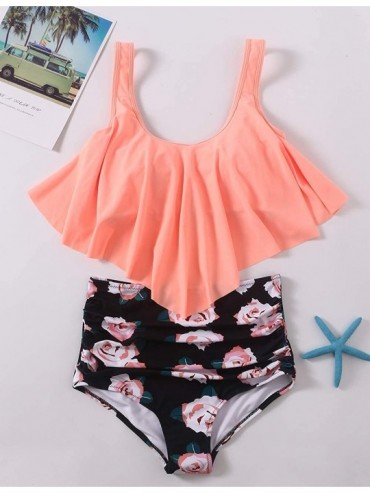 Sets High Waisted Swimsuit for Women Two Piece Bathing Suit Ruffled Tankini Set Crop Top Bikini - Orange Bathing Suit - CM18N...