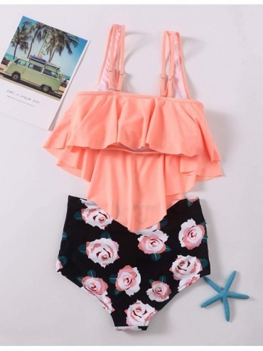 Sets High Waisted Swimsuit for Women Two Piece Bathing Suit Ruffled Tankini Set Crop Top Bikini - Orange Bathing Suit - CM18N...