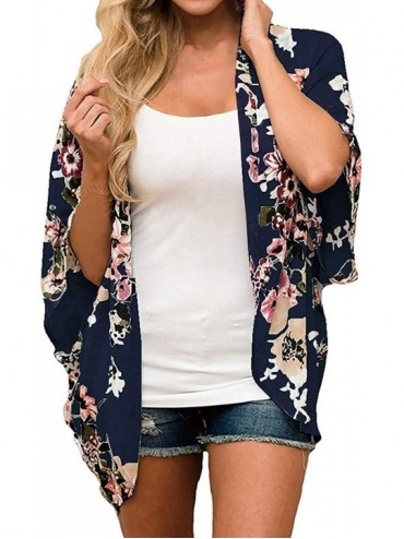 Cover-Ups Women's Floral Print Kimono Cardigan Loose Cover Up Casual Blouse Tops - A-navy Blue - CL1979928M5 $25.00