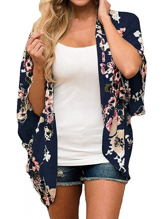 Cover-Ups Women's Floral Print Kimono Cardigan Loose Cover Up Casual Blouse Tops - A-navy Blue - CL1979928M5 $15.59