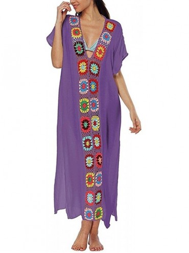 Cover-Ups Fashion Women's Embroidered Turkish Kaftans Beachwear Bikini Cover Up Dress - Purple - C318DW93MZG $30.85