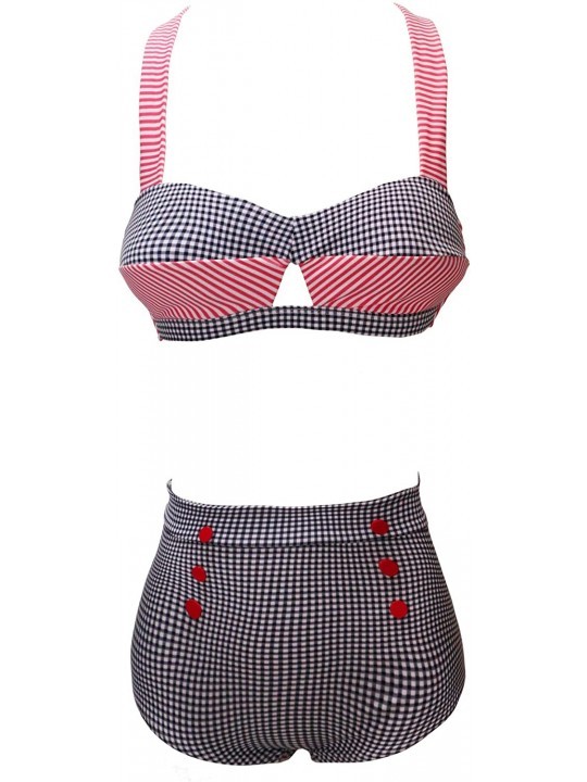 Sets Women Retro Vintage Push Up High Waisted Bikini Swimsuit Plus Size - Red & Black Checked - CB196IES7U0 $24.68