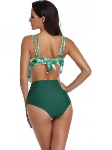 Sets Women Retro Flounce High Waisted Bikini Halter Neck Two Piece Swimsuit - Green Leaf - CD18Z3X6U08 $23.05