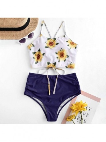Sets Sunflower Tankini Swimsuit for Women Adjustable Criss Cross Straps Bikini Set Ruched High Waisted Bathing Suit Purple - ...