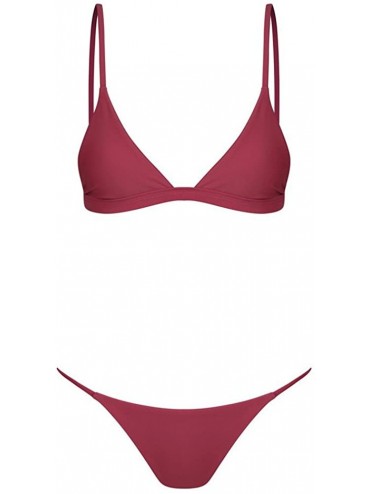 Sets Women's Summer Solid Bikini Set Push up Padded Swimsuit Swimwear Triangle Thong Suit Swimming Suit Biquini - C wine Red ...