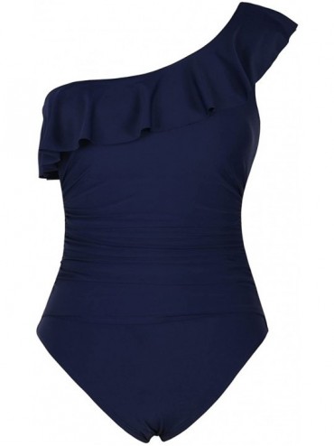 One-Pieces Women's One Piece Swimsuits One Shoulder Swimwear Asymmetric Ruffle Monokinis Bathing Suits - Navy - C818CRMUUNE $...
