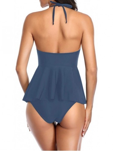 Sets Women's Tummy Control Tankini Swimsuit Two Piece Mesh Swimdress Swimwear Floral Printed Bathing Suit for Women - Steel B...