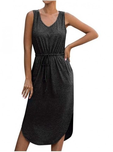 Cover-Ups Women's Solid Color Sleeveless Dress Casual Irregular Hem V- Neck Bandage Waist Long Party Swing Dress - Black - C7...