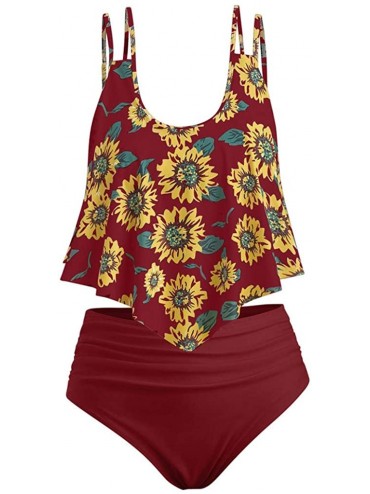 Sets Women Two Pieces Bathing Suits Sunflower Print Top Ruffled High Waist Bottom Tankini Bikini Sets - Wine Red - CC18TH5ZCI...