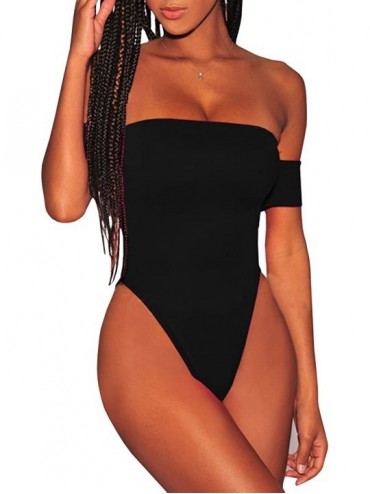 One-Pieces Womens Off Shoulder One Piece Swimsuits Tummy Control Lace Up High Cut Monokini Bathing Suit - Black - CM18NR6MCZD...