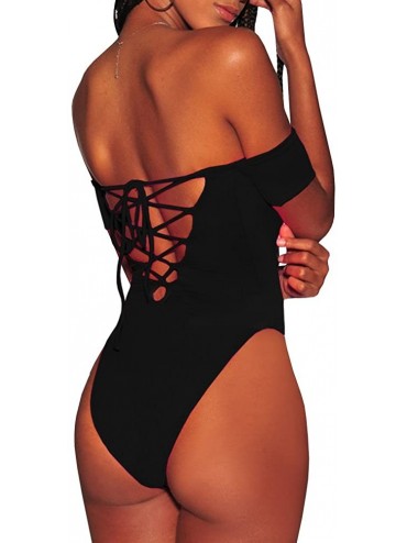 One-Pieces Womens Off Shoulder One Piece Swimsuits Tummy Control Lace Up High Cut Monokini Bathing Suit - Black - CM18NR6MCZD...