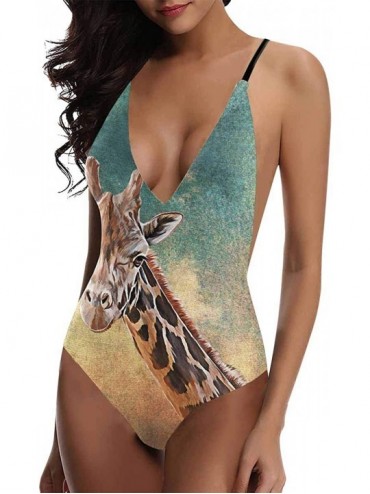 One-Pieces Funny Giraffe Animal V-Neck Women Lacing Backless One-Piece Swimsuit Bathing Suit XS-3XL - Design 14 - CB18RXUU396...