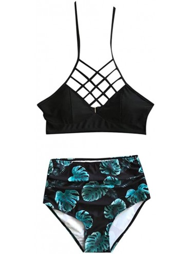 Sets Women Two Piece Swimsuit Bikini Sets Cross Strappy Swimwear Halter Bathing Suit High Waisted Bottoms - Black - CX196D0H2...