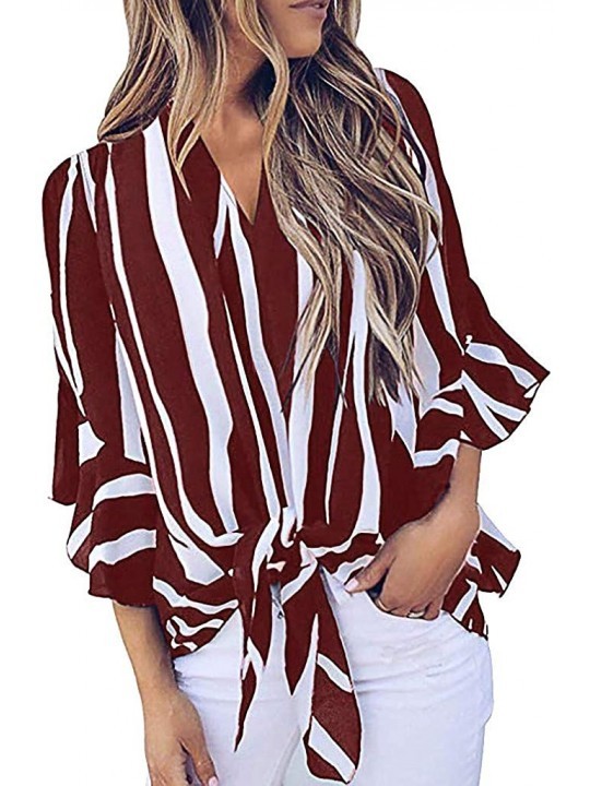 Tankinis Off Shoulder Blouses for Womens- Floral Stripe Bell Sleeve Baggy Tie Knot Tops Casual Shirts - 12 Red - CM18WC07SK3 ...