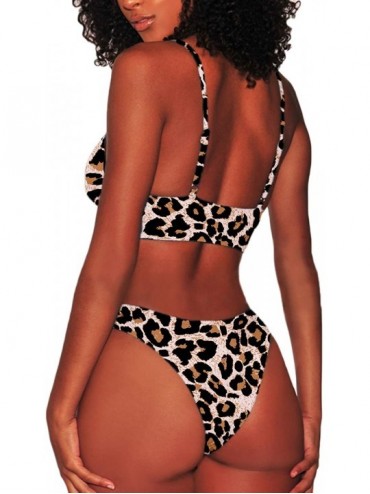 Sets Womens Sexy Scoop Neck Straps Cutout High Cut Thong 2PCS Bikini Sets Swimsuit - Leopard 01 - CM194R62IYT $26.07