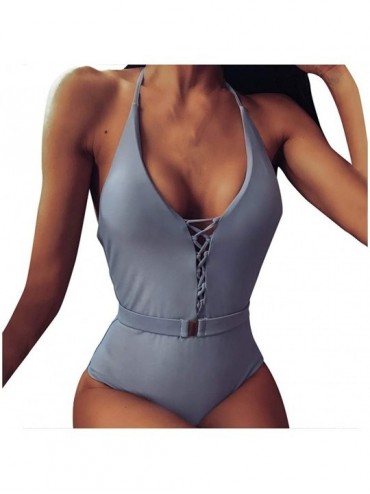 One-Pieces Women One-Piece Monokini Swimsuit Soild Deep V Bandage Backless Bikini Ladies Beachwear - Blue - C4196MHICG7 $15.84