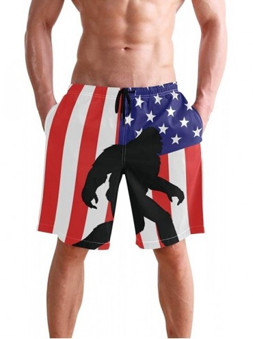 Board Shorts Men's Swim Trunks Black and White Check Flag Quick Dry Beach Board Shorts with Pockets - American Flag Bigfoot -...