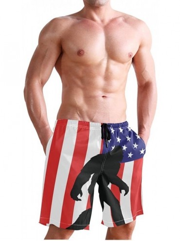 Board Shorts Men's Swim Trunks Black and White Check Flag Quick Dry Beach Board Shorts with Pockets - American Flag Bigfoot -...