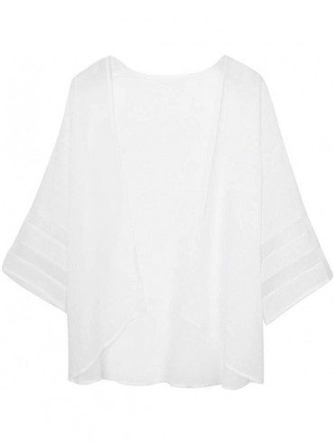 Cover-Ups Women Mesh Panel 3/4 Bell Sleeve Pure Color Chiffon Casual Loose Kimono Cardigan - White - CC199IGSA8D $13.61