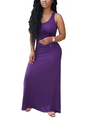 Cover-Ups Womens Casual Plain Maxi Long Dress Sexy Sleeveless Bodycon Summer Beach Swing Tank Dress Plus Size - Purple - CZ19...