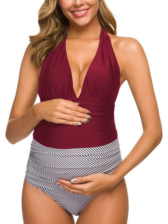 One-Pieces Women One Piece Maternity Shirred Tank Swimsuits Vintage Ruched Swimwear Plus Size Pregnancy Beachwear (Wine Red+S...