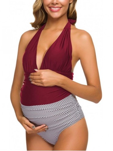 One-Pieces Women One Piece Maternity Shirred Tank Swimsuits Vintage Ruched Swimwear Plus Size Pregnancy Beachwear (Wine Red+S...