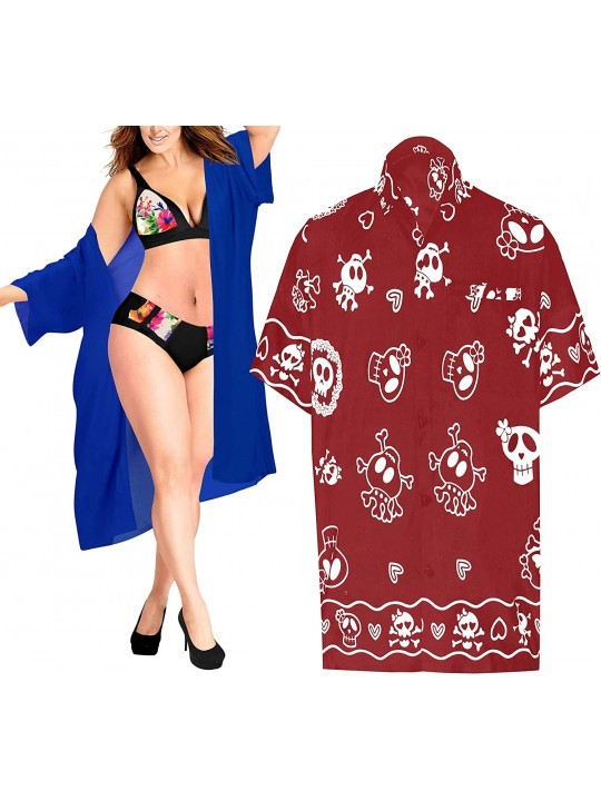 Cover-Ups Men's Skull Theme Party Front Pocket Short Sleeve Hawaiian Shirt Women Casual Dress Maxi Kimono Cardigan Work from ...