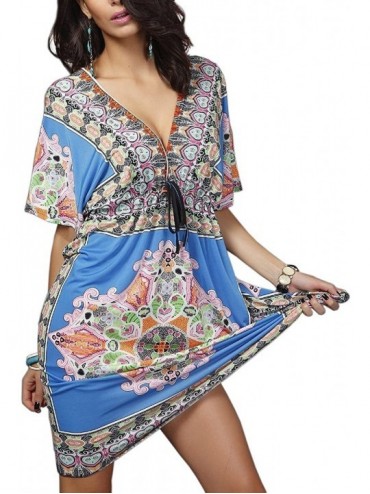 Rash Guards Womens Sexy Boho Low-Cut V-Neck Summer Floral Tunic Beach Midi Dress - Blue - C712FSQ5ISL $14.19